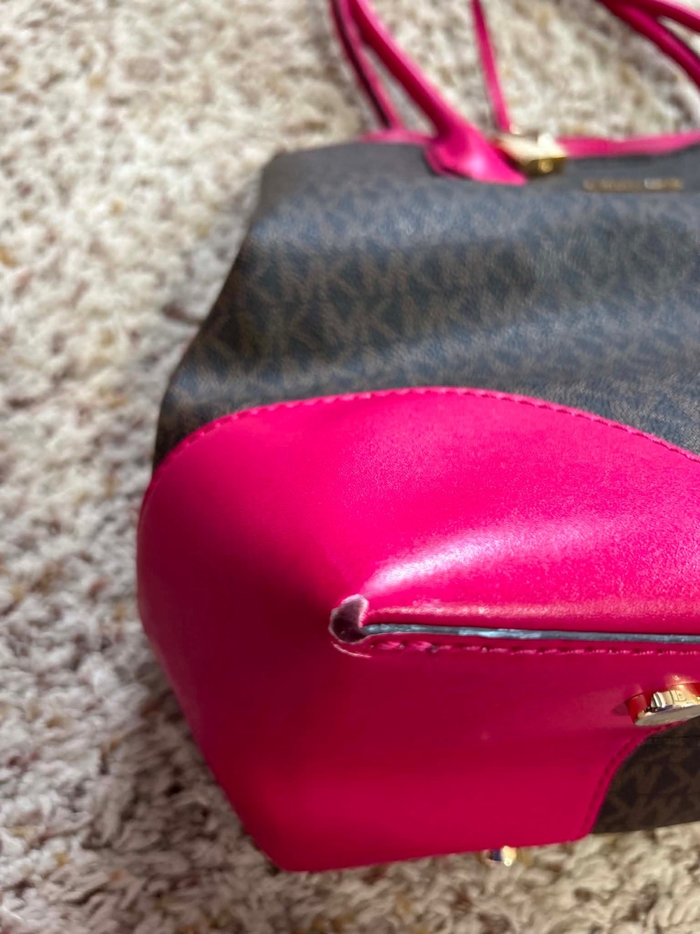 Michael Kors Brown MK Logo Tote with Pink Trim and Handles - Picture 9 of 12